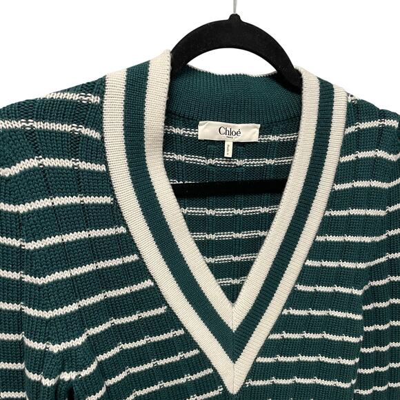 NWT Chloe Striped Ribbed Knit V Neck Jumper Sweater Dark Green Womens Small - Picture 3 of 10
